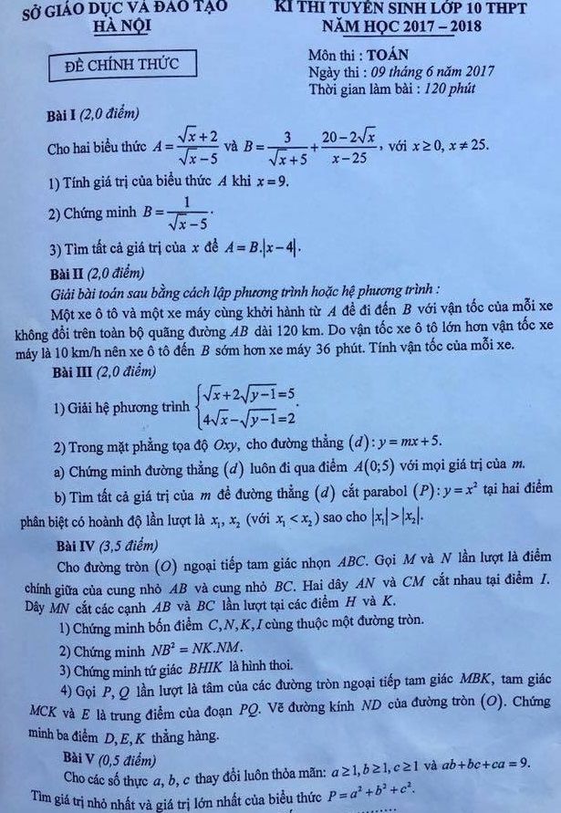 Đề thi tuyển sinh Lớp 10 THPT - 2017 - Môn Toán - Thành phố Hà Nội,Đề thi vào 10,đề thi tuyển sinh vào 10,đề thi tuyển sinh trung học phổ thông lớp 10,đề thi tuyển sinh lớp 10 thành phố Hà Nội