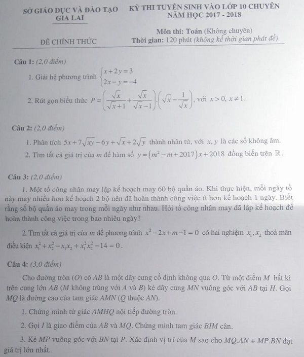 Đề thi tuyển sinh Lớp 10 THPT Chuyên - 2017 - Tỉnh Gia Lai,Đề thi vào 10,đề thi tuyển sinh vào 10,đề thi tuyển sinh trung học phổ thông lớp 10,đề thi tuyển sinh lớp 10 tỉnh Gia Lai