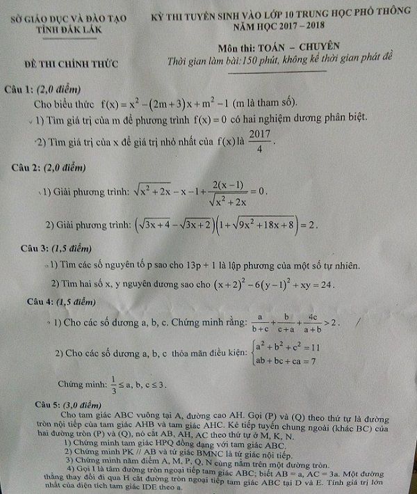 Đề thi tuyển sinh Lớp 10 THPT Chuyên - 2017 - Môn Toán - Tỉnh Đăk Lắk,Đề thi vào 10,đề thi tuyển sinh vào 10,đề thi tuyển sinh trung học phổ thông lớp 10,đề thi tuyển sinh lớp 10 tỉnh Đăk Lăk