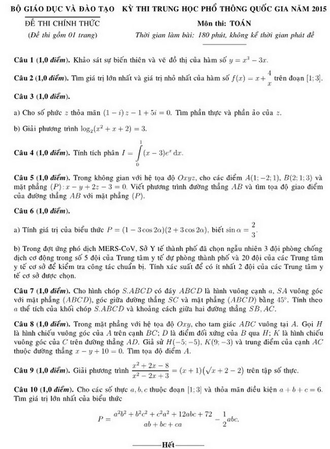 Đề thi Trung học phổ thông Quốc gia năm 2015 - Môn Toán,Đề thi Trung học phổ thông Quốc gia,Đề thi Đại học