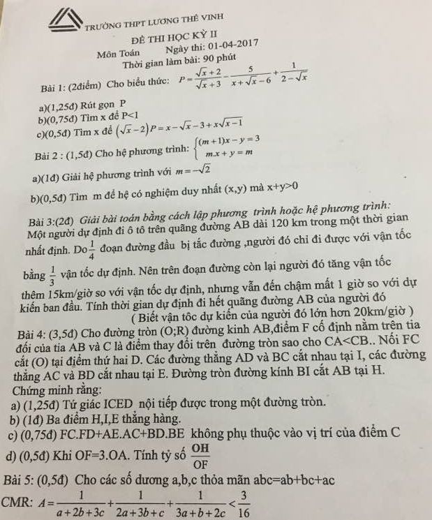 Đề kiểm tra học kỳ 2 lớp 9 - Môn Toán - Trường THPT Lương Thế Vinh - Hà Nội,đề kiểm tra học kì 2 môn toán lớp 9