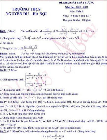 Đề kiểm tra học kỳ 2 Môn Toán Lớp 9 - Trường THCS Nguyễn Du - Hà Nội,đề kiểm tra học kì 2 môn toán lớp 9,đề kiểm tra học kì 2 môn toán