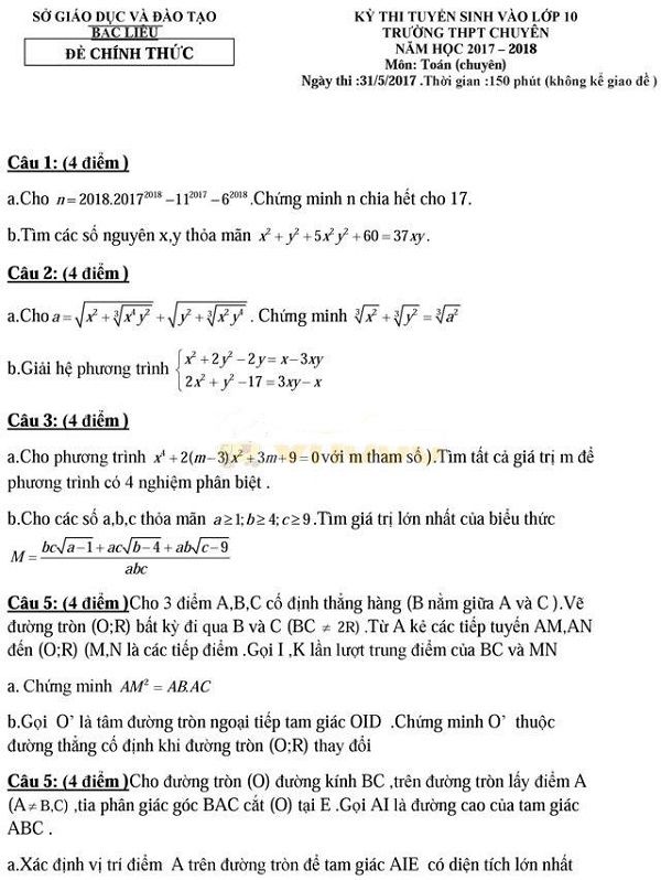 Đề thi tuyển sinh Lớp 10 THPT Chuyên - Bạc Liêu - Năm 2017 - Môn Toán,Đề thi vào 10,đề thi tuyển sinh vào 10,đề thi tuyển sinh trung học phổ thông lớp 10,đề thi tuyển sinh lớp 10 tỉnh Bạc Liêu