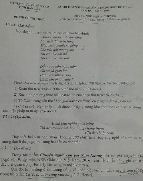 Đề thi tuyển sinh vào 10 THPT Chuyên Đắk Lắk - Môn Ngữ Văn - Năm học 2017-2018,Đề thi,đề thi vào 10,đề thi tuyển sinh vào 10 THPT,đề thi tuyển sinh vào 10 môn ngữ văn,đề thi tuyển sinh vào 10 môn ngữ văn khối chuyên năm 2017,đề thi tuyển sinh vào 10 môn ngữ văn khối chuyên tỉnh Đăk Lăk năm 2017