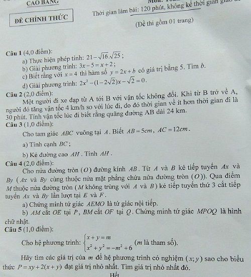 Đề thi tuyển sinh vào 10 THPT - Môn Toán - Tỉnh Cao Bằng - Năm học 2017-2018,Đề thi,đề thi vào 10,đề thi tuyển sinh vào 10 THPT,đề thi tuyển sinh vào 10 môn môn toán năm 2017,đề thi tuyển sinh vào 10 môn môn toán tỉnh Cao Bằng năm 2017