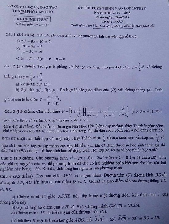 Đề thi tuyển sinh vào lớp 10 THPT - Môn Toán - Cần Thơ - Năm học 2017-2018,đề thi vào 10,đề thi tuyển sinh vào 10 THPT,đề thi tuyển sinh vào 10 môn môn toán năm 2017,đề thi tuyển sinh vào 10 môn môn toán tỉnh Cần Thơ năm 2017