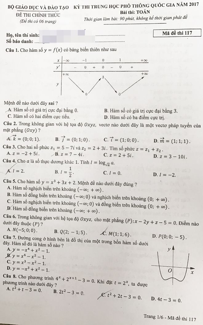 Đề thi và Đáp án môn thi Toán Trung Học Phổ Thông Quốc Gia - Năm 2017,Đề thi Toán THPT Quốc Gia năm 2017,Đề thi THPT Quốc gia năm 2017,Đề thi Trung học phổ thông Quốc Gia năm 2017,Đề thi THPT Quốc Gia,Đề thi Trung học phổ thông Quốc Gia,Đề thi THPT Quốc gia môn Toán