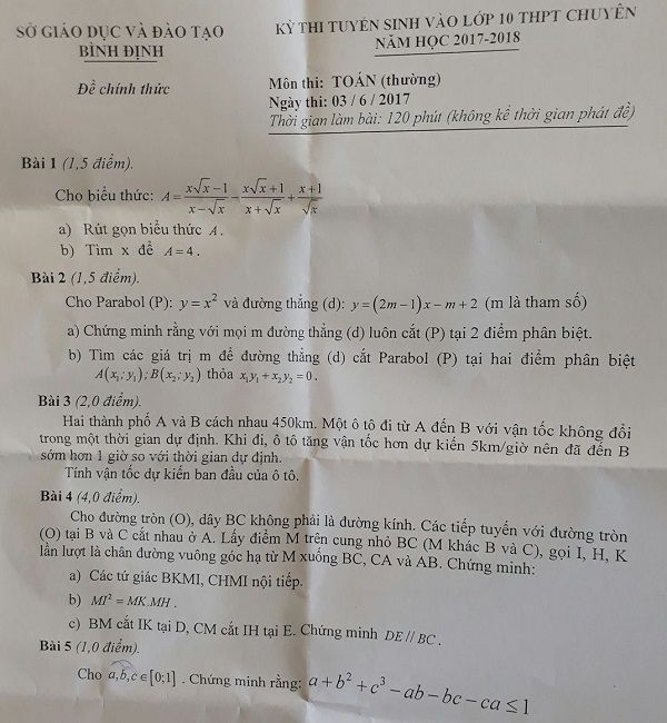 Đề thi tuyển sinh Lớp 10 THPT Chuyên - Môn Toán (thường) - Tỉnh Bình Định - Năm 2017,Đề thi vào 10,đề thi tuyển sinh vào 10,đề thi tuyển sinh trung học phổ thông lớp 10,đề thi tuyển sinh lớp 10 tỉnh Bình Định,đề thi tuyển sinh lớp 10 khối chuyên tỉnh Bình Định