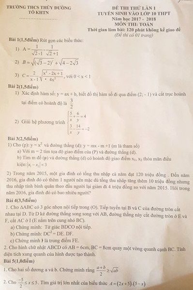 Đề thi thử lần 1 tuyển sinh vào 10 THPT - Môn Toán - Trường THCS Thùy Dương - Năm học 2017-2018,Đề thi thử,Đề thi thử vào lớp 10,đề thi thử vào lớp 10 THPT