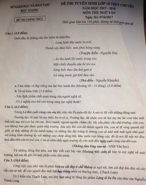 Đề thi tuyển sinh Lớp 10 THPT Chuyên - Môn ngữ Văn - Tỉnh Bắc Giang - Năm học 2017-2018,Đề thi,đề thi vào 10,đề thi tuyển sinh vào 10 THPT,đề thi tuyển sinh vào 10 môn ngữ văn,đề thi tuyển sinh vào 10 môn ngữ văn khối chuyên,đề thi tuyển sinh vào 10 môn ngữ văn khối chuyên tỉnh Bắc Giang