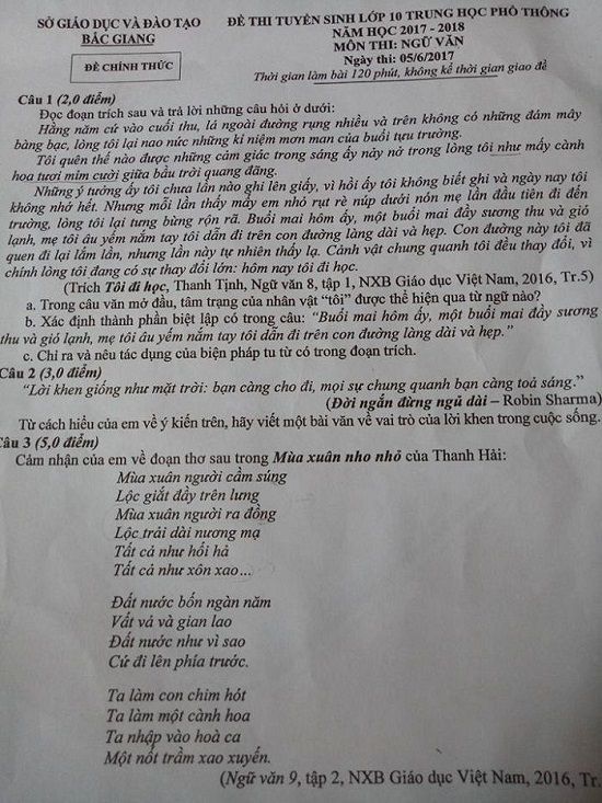 Đề thi tuyển sinh vào lớp 10 THPT - Môn Ngữ Văn - Tỉnh Bắc Giang - Năm học 2017-2018,đề thi vào 10,đề thi tuyển sinh vào 10 THPT,đề thi tuyển sinh vào 10 môn ngữ văn,đề thi tuyển sinh vào 10 môn ngữ văn tỉnh bắc giang