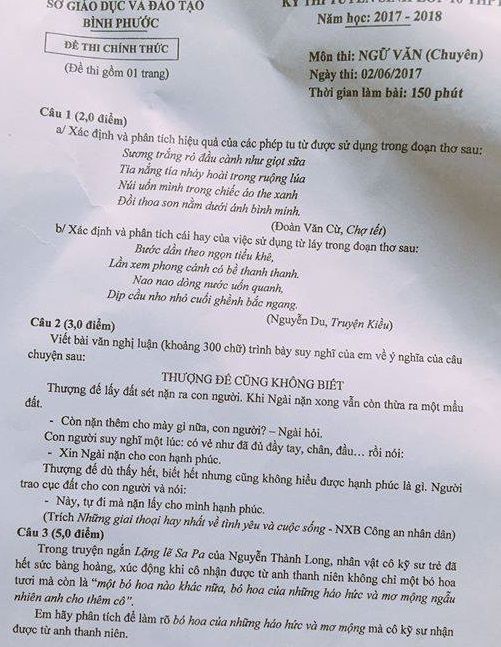 Đề thi tuyển sinh vào 10 THPT - Môn Ngữ văn khối Chuyên - Tỉnh Bình Phước - Năm học 2017-2018,đề thi vào 10,đề thi tuyển sinh vào 10 THPT,đề thi tuyển sinh vào 10 môn ngữ văn,đề thi tuyển sinh vào 10 môn ngữ văn khối chuyên năm 2017,đề thi tuyển sinh vào 10 môn ngữ văn khối chuyên tỉnh Bình Phước năm 2017