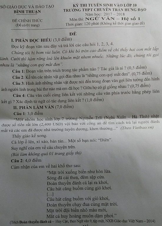 Đề thi tuyển sinh vào Lớp 10 - Môn Ngữ Văn - Trường THPT Chuyên Trần Hưng Đạo - Tỉnh Bình Thuận - Năm học 2017-2018,đề thi vào 10,đề thi tuyển sinh vào 10 THPT,đề thi tuyển sinh vào 10 môn ngữ văn,đề thi tuyển sinh vào 10 môn ngữ văn khối chuyên năm 2017,đề thi tuyển sinh vào 10 môn ngữ văn khối chuyên thpt Trần Hưng Đạo tỉnh Bình Thuận năm 2017