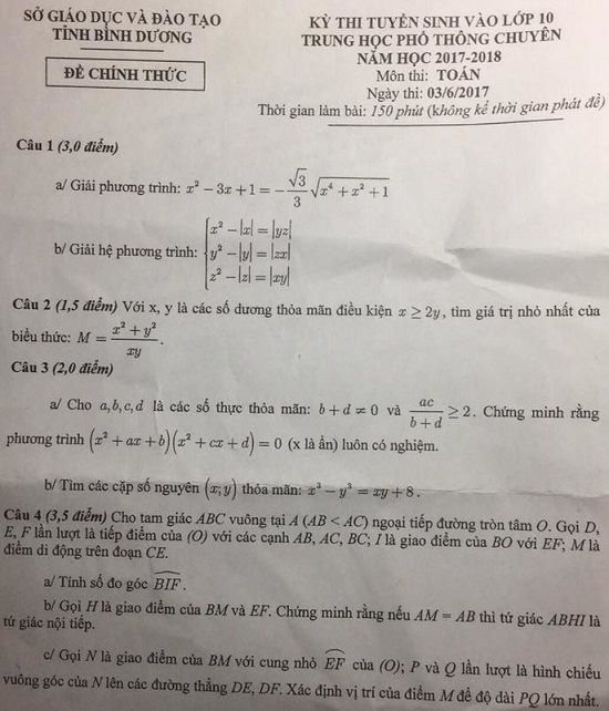 Đề thi tuyển sinh vào 10 THPT Chuyên - Môn Toán - Tỉnh Bình Dương - Năm học 2017-2018,đề thi vào 10,đề thi tuyển sinh vào 10 THPT,đề thi tuyển sinh vào 10 môn môn toán,đề thi tuyển sinh vào 10 môn toán khối chuyên 2017,đề thi tuyển sinh vào 10 môn toán khối chuyên tỉnh Bình Dương năm 2017