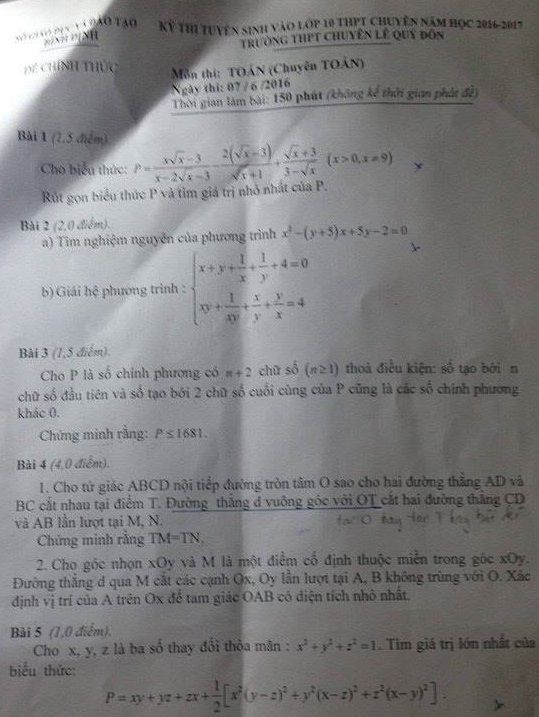 Đề thi Toán tuyển sinh vào Lớp 10 THPT Chuyên Lê Quý Đôn - Bình Định - Năm học 2016-2017,đề thi vào 10,đề thi tuyển sinh vào 10 THPT,đề thi tuyển sinh vào 10 môn môn toán,đề thi tuyển sinh vào 10 môn toán khối chuyên 2017,đề thi tuyển sinh vào 10 môn toán khối chuyên tỉnh Bình Định năm 2017