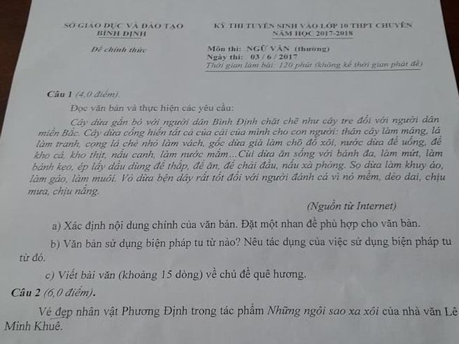 Đề thi tuyển sinh vào Lớp 10 THPT Chuyên - Môn Ngữ Văn (thường) - Tỉnh Bình Định - Năm học 2017-2018,đề thi vào 10,đề thi tuyển sinh vào 10 THPT,đề thi tuyển sinh vào 10 môn ngữ văn,đề thi tuyển sinh vào 10 môn ngữ văn khối chuyên năm 2017,đề thi tuyển sinh vào 10 môn ngữ văn khối chuyên tỉnh Bình Định năm 2017