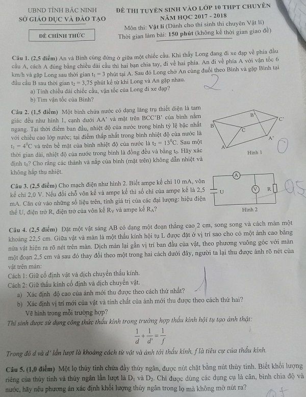 Đề thi tuyển sinh vào Lớp 10 THPT Chuyên - Môn Vật lí - Tỉnh Bắc Ninh - Năm học 2017-2018,đề thi vào 10,đề thi tuyển sinh vào 10 THPT,đề thi tuyển sinh vào 10 môn lý,đề thi tuyển sinh vào 10 môn vật lý khối chuyên,đề thi tuyển sinh vào 10 môn vật lý khối chuyên tỉnh Bắc Ninh