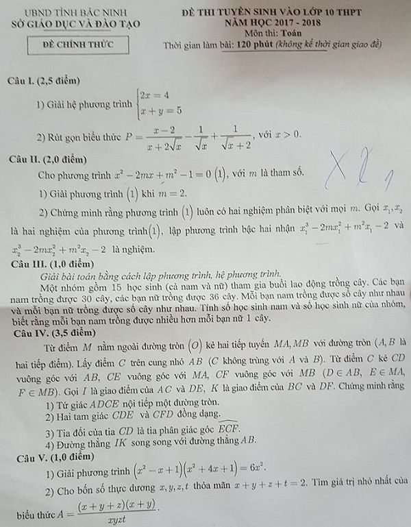 Đề thi tuyển sinh vào Lớp 10 THPT - Môn Toán - Tỉnh Bắc Ninh - Năm học 2017-2018,đề thi vào 10,đề thi tuyển sinh vào 10 THPT,đề thi tuyển sinh vào 10 môn toán,đề thi tuyển sinh vào 10 môn toán tỉnh Bắc Ninh