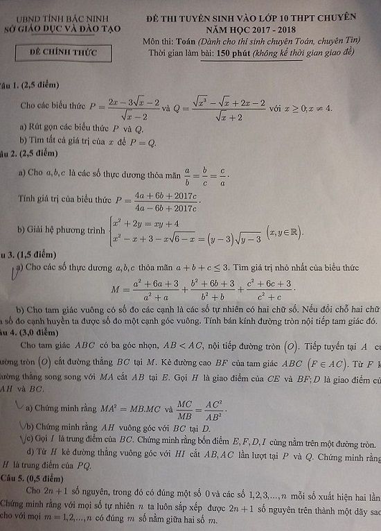 Đề thi tuyển sinh vào Lớp 10 THPT Chuyên - Môn Toán - Tỉnh Bắc Ninh - Năm học 2017-2018,đề thi vào 10,đề thi tuyển sinh vào 10 THPT,đề thi tuyển sinh vào 10 môn toán,đề thi tuyển sinh vào 10 môn toán khối chuyên,đề thi tuyển sinh vào 10 môn Toán khối chuyên tỉnh Bắc Ninh