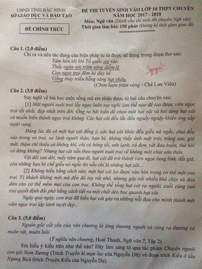 Đề thi tuyển sinh vào Lớp 10 THPT Chuyên - Môn Ngữ Văn - Tỉnh Bắc Ninh - Năm học 2017-2018,đề thi vào 10,đề thi tuyển sinh vào 10 THPT,đề thi tuyển sinh vào 10 môn ngữ văn,đề thi tuyển sinh vào 10 môn ngữ văn khối chuyên,đề thi tuyển sinh vào 10 môn ngữ văn khối chuyên tỉnh Bắc Ninh