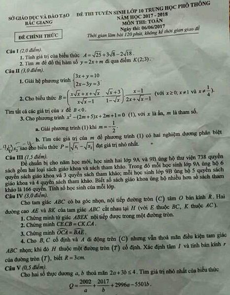 Đề thi tuyển sinh vào Lớp 10 THPT - Môn Toán - Tỉnh Bắc Giang - Năm học 2017-2018,đề thi vào 10,đề thi tuyển sinh vào 10 THPT,đề thi tuyển sinh vào 10 môn môn toán,đề thi tuyển sinh vào 10 môn toán tỉnh Bắc Giang