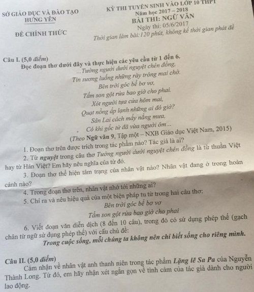 Đề thi tuyển sinh vào Lớp 10 THPT - Môn ngữ văn - Tỉnh Hưng Yên - Năm học 2017-2018,đề thi vào 10,đề thi tuyển sinh vào 10 THPT,đề thi tuyển sinh vào 10 môn ngữ văn năm 2017,đề thi tuyển sinh vào 10 môn ngữ văn tỉnh Hưng Yên năm 2017
