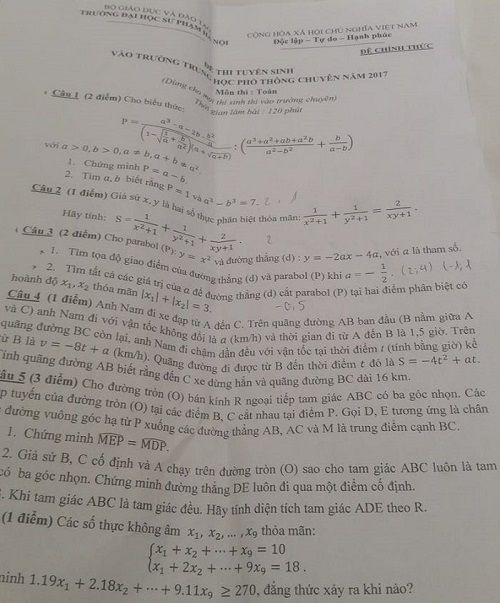 Đề thi tuyển sinh vào Lớp 10 THPT Chuyên - Môn Toán - Đại học sư phạm Hà Nội - Năm học 2017-2018,đề thi vào 10,đề thi tuyển sinh vào 10 THPT,đề thi tuyển sinh vào 10 môn toán,đề thi tuyển sinh vào 10 môn toán khối chuyên 2017,đề thi tuyển sinh vào 10 môn toán khối chuyên Đại học sư phạm Hà Nội năm 2017