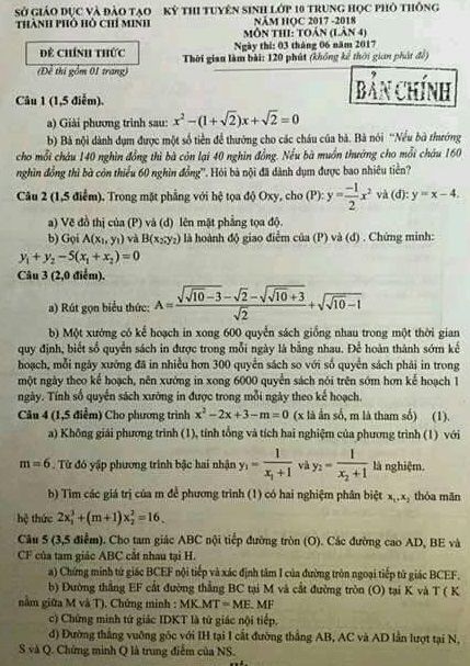 ưĐề thi tuyển sinh vào Lớp 10 - Môn Toán - TP. Hồ Chí Minh - Năm học 2017-2018,Đề thi tuyển sinh vào Lớp 10 - Môn Toán - Năm học 2017-2018,đề thi vào 10,đề thi tuyển sinh vào 10 THPT,đề thi tuyển sinh vào 10 môn toán năm 2017,đề thi tuyển sinh vào 10 môn toán thành phố Hồ Chí Minh lần 4 năm 2017
