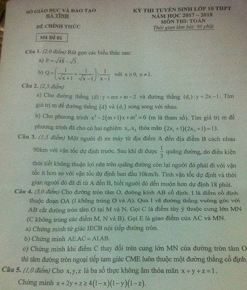 Đề thi tuyển sinh vào Lớp 10 - Môn Toán - Tỉnh Hà Tĩnh - Năm học 2017-2018,đề thi vào 10,đề thi tuyển sinh vào 10 THPT,đề thi tuyển sinh vào 10 môn toán năm 2017,đề thi tuyển sinh vào 10 môn toán tỉnh Hà Tĩnh năm 2017