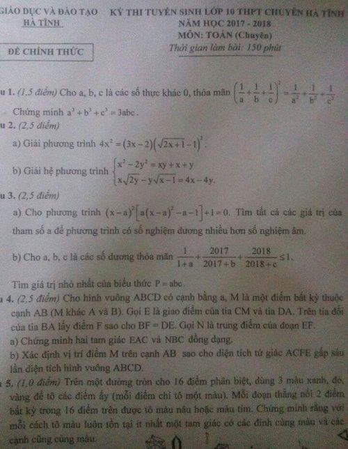 Đề thi tuyển sinh vào Lớp 10 - THPT Chuyên Hà Tĩnh - Môn Toán - Năm học 2017-2018,đề thi vào 10,đề thi tuyển sinh vào 10 THPT,đề thi tuyển sinh vào 10 môn toán,đề thi tuyển sinh vào 10 môn toán khối chuyên 2017,đề thi tuyển sinh vào 10 môn toán khối chuyên tỉnh Hà Tĩnh năm 2017