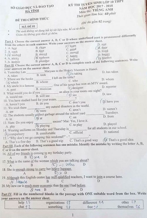 Đề thi tuyển sinh vào Lớp 10 THPT - Môn Tiếng Anh - Tỉnh Hà Tĩnh - Năm học 2017-2018,đề thi vào 10,đề thi tuyển sinh vào 10 THPT,đề thi tuyển sinh vào 10 môn tiếng Anh năm 2017,đề thi tuyển sinh vào 10 môn tiếng Anh tỉnh Hà Tĩnh năm 2017