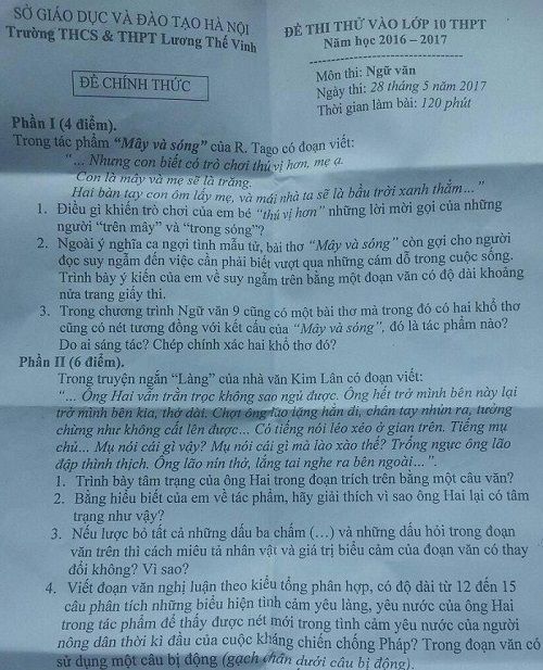 Đề thi thử vào Lớp 10 - Môn Ngữ văn - Trường THCS & THPT Lương Thế Vinh - Hà Nội - Năm học 2016-2017,đề thi vào 10,đề thi tuyển sinh vào 10 THPT,đề thi tuyển sinh vào 10 môn ngữ văn năm 2016,đề thi tuyển sinh vào 10 môn ngữ văn THPT Lương Thế Vinh thành phố Hà Nội năm 2016-2017