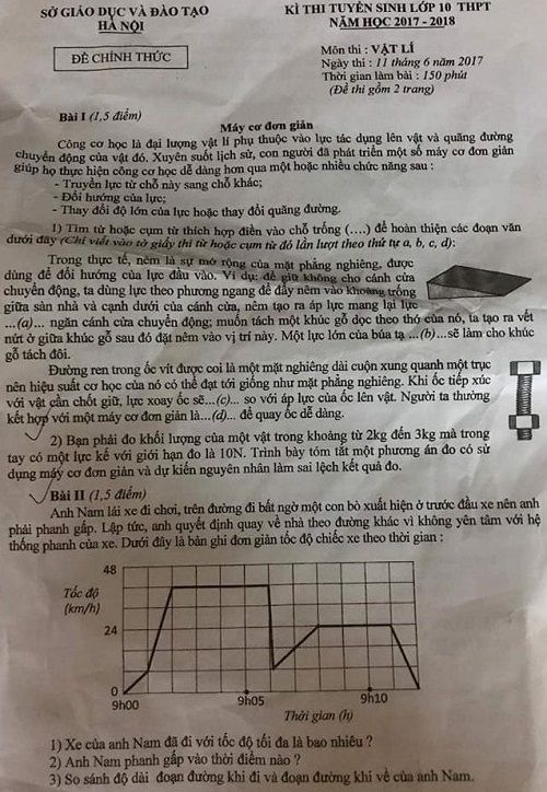 Đề thi tuyển sinh vào Lớp 10 THPT - Môn Vật Lí - Thành phố Hà Nội - Năm học 2017-2018,đề thi vào 10,đề thi tuyển sinh vào 10 THPT,đề thi tuyển sinh vào 10 môn vật lý năm 2017,đề thi tuyển sinh vào 10 môn vật lý thành phố Hà Nội năm 2017