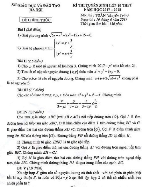 Đề thi tuyển sinh vào Lớp 10 THPT - Môn Toán (Chuyên) - Thành phố Hà Nội - Năm học 2017-2018,đề thi vào 10,đề thi tuyển sinh vào 10 THPT,đề thi tuyển sinh vào 10 môn toán,đề thi tuyển sinh vào 10 môn toán khối chuyên 2017,đề thi tuyển sinh vào 10 môn toán khối chuyên thành phố Hà Nội năm 2017