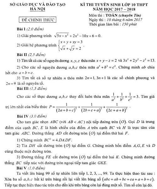 Đề thi tuyển sinh vào Lớp 10 THPT - Môn Toán (Chuyên Tin) - Thành phố Hà Nội - Năm học 2017-2018,đề thi vào 10,đề thi tuyển sinh vào 10 THPT,đề thi tuyển sinh vào 10 môn toán,đề thi tuyển sinh vào 10 môn toán khối chuyên toán tin 2017,đề thi tuyển sinh vào 10 môn toán khối chuyên toán tin thành phố Hà Nội năm 2017