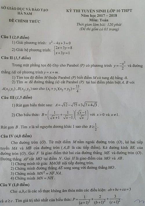 Đề thi tuyển sinh vào Lớp 10 THPT - Môn Toán - Tỉnh Hà Nam - Năm học 2017-2018,đề thi vào 10,đề thi tuyển sinh vào 10 THPT,đề thi tuyển sinh vào 10 môn toán năm 2017,đề thi tuyển sinh vào 10 môn môn toán tỉnh Hà Nam năm 2017