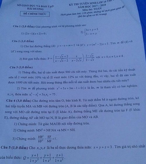 Đề thi tuyển sinh vào Lớp 10 THPT - Môn Toán - Tỉnh Hải Dương - Năm học 2017-2018,đề thi vào 10,đề thi tuyển sinh vào 10 THPT,đề thi tuyển sinh vào 10 môn toán năm 2017,đề thi tuyển sinh vào 10 môn toán tỉnh Hải Dương năm 2017