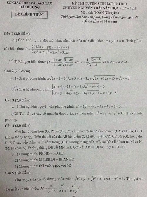 Đề thi tuyển sinh vào Lớp 10 THPT Chuyên Nguyễn Trãi - Hải Dương - Môn Toán - Năm học 2017-2018,đề thi vào 10,đề thi tuyển sinh vào 10 THPT,đề thi tuyển sinh vào 10 môn toán năm 2017,đề thi tuyển sinh vào 10 môn toán tỉnh Hải Dương năm 2017