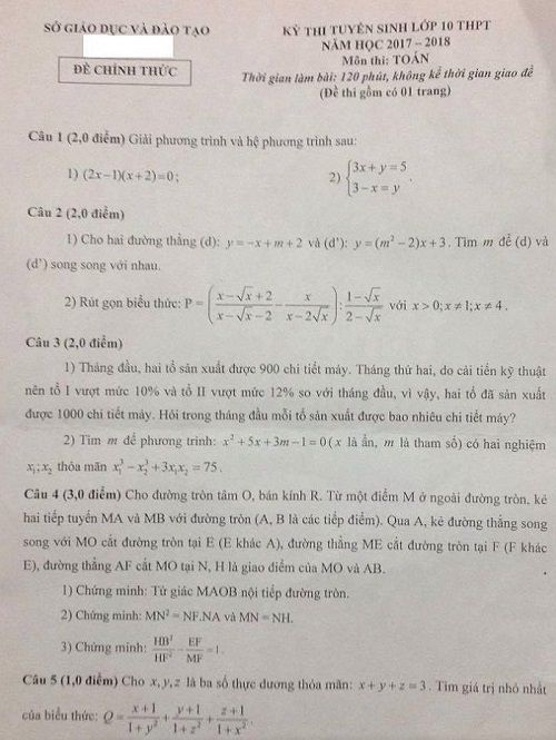 Đề thi tuyển sinh vào Lớp 10 THPT - Môn Toán - Tỉnh Hải Dương - Năm học 2017-2018,đề thi vào 10,đề thi tuyển sinh vào 10 THPT,đề thi tuyển sinh vào 10 môn toán năm 2017,đề thi tuyển sinh vào 10 môn toán tỉnh Hải Dương năm 2017