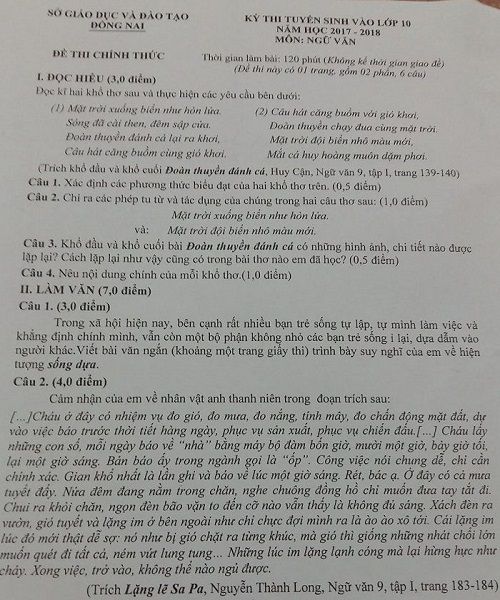 Đề thi tuyển sinh vào Lớp 10 THPT - Môn Ngữ Văn - Tỉnh Đồng Nai - Năm học 2017-2018,đề thi vào 10,đề thi tuyển sinh vào 10 THPT,đề thi tuyển sinh vào 10 môn ngữ văn năm 2017,đề thi tuyển sinh vào 10 môn ngữ văn tỉnh Đồng Nai năm 2017