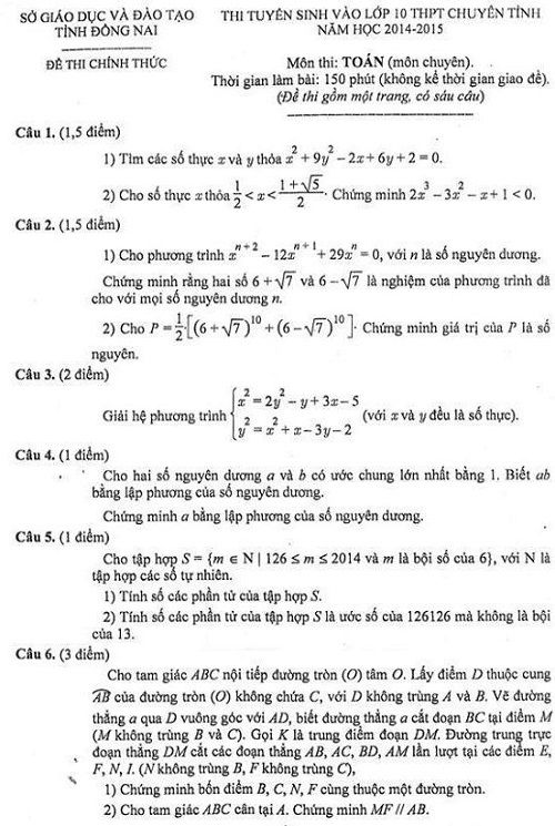 Đề thi tuyển sinh vào Lớp 10 THPT Chuyên Tỉnh Đồng Nai - Môn Toán (Chuyên) - Năm học 2014-2015,đề thi vào 10,đề thi tuyển sinh vào 10 THPT,đề thi tuyển sinh vào 10 môn toán năm 2014,đề thi tuyển sinh vào 10 môn môn toán tỉnh Đồng Nai năm 2014-2015