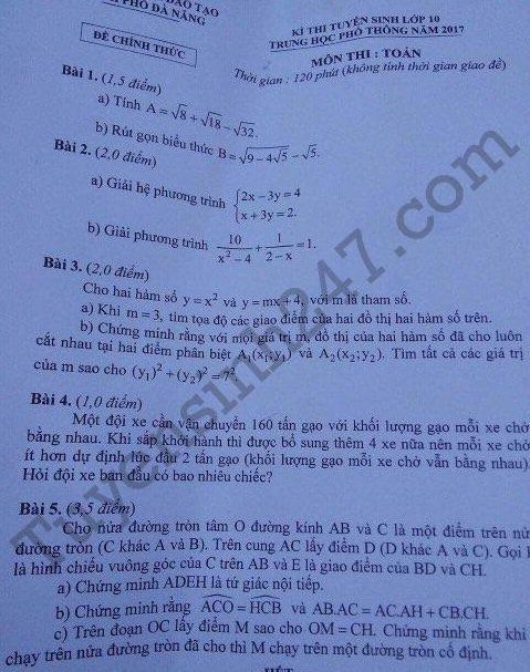 Đề thi tuyển sinh vào Lớp 10 THPT - Môn Toán - Thành phố Đà Nẵng - Năm học 2017-2018,đề thi vào 10,đề thi tuyển sinh vào 10 THPT,đề thi tuyển sinh vào 10 môn toán năm 2017,đề thi tuyển sinh vào 10 môn toán thành phố Đà Nẵng năm 2017