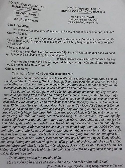 Đề thi tuyển sinh vào Lớp 10 THPT - Môn Ngữ Văn - Thành phố Đà Nẵng - Năm học 2017-2018,đề thi vào 10,đề thi tuyển sinh vào 10 THPT,đề thi tuyển sinh vào 10 môn ngữ văn năm 2017,đề thi tuyển sinh vào 10 môn ngữ văn thành phố Đà Nẵng năm 2017