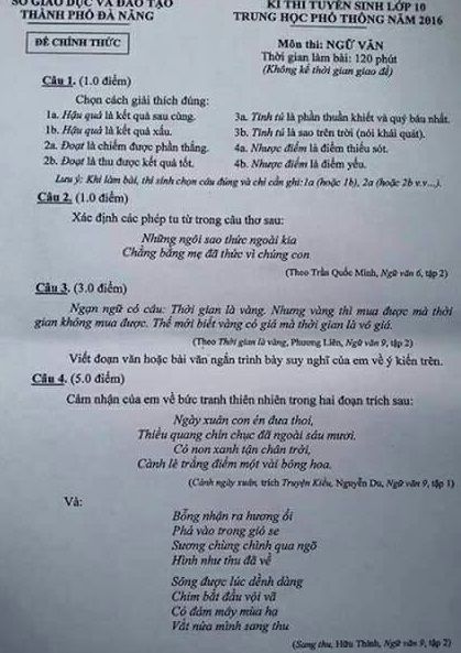 Đề thi tuyển sinh vào Lớp 10 THPT - Môn Ngữ Văn - TP. Đà Nẵng - Năm học 2016-2017,đề thi vào 10,đề thi tuyển sinh vào 10 THPT,đề thi tuyển sinh vào 10 môn ngữ văn năm 2016,đề thi tuyển sinh vào 10 môn ngữ văn Đà Nẵng năm 2016