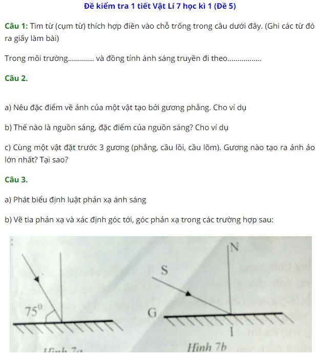 Đề kiểm tra 1 tiết Vật Lí 7 học kì 1 (Đề 5),Đề kiểm tra 1 tiết Vật Lí 7