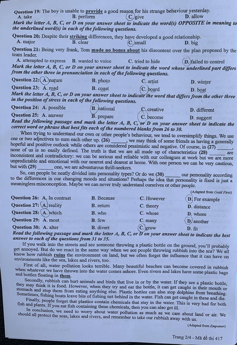 Đáp án đề thi môn Tiếng Anh mã đề 417 - Tốt nghiệp THPT 2024,Đề thi môn Tiếng Anh mã đề 417 - Tốt nghiệp THPT 2024,Đề thi môn Tiếng Anh Tốt nghiệp THPT 2024