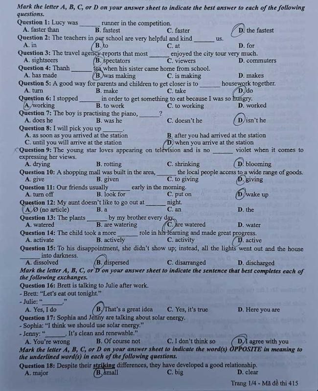 Đáp án đề thi môn Tiếng Anh mã đề 415 - Tốt nghiệp THPT 2024,Đề thi môn Tiếng Anh mã đề 415 - Tốt nghiệp THPT 2024,Đề thi môn Tiếng Anh Tốt nghiệp THPT 2024
