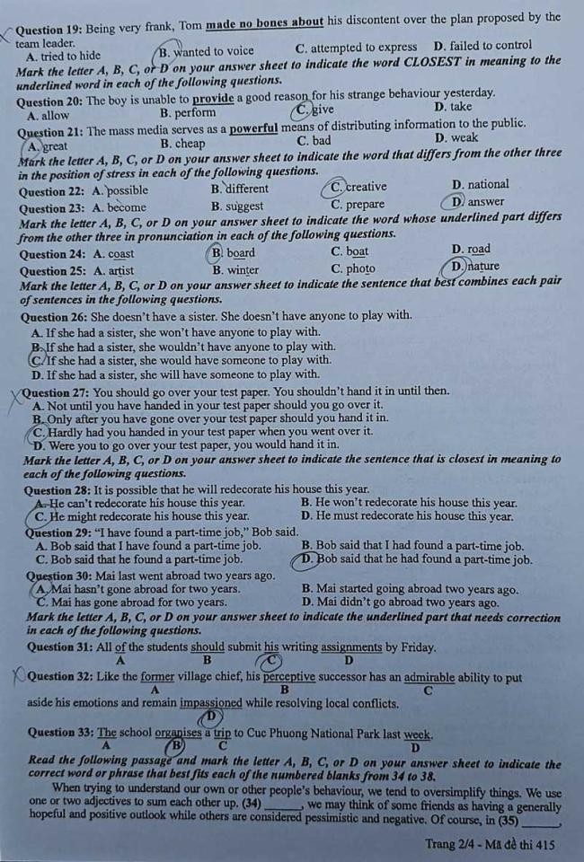 Đáp án đề thi môn Tiếng Anh mã đề 415 - Tốt nghiệp THPT 2024,Đề thi môn Tiếng Anh mã đề 415 - Tốt nghiệp THPT 2024,Đề thi môn Tiếng Anh Tốt nghiệp THPT 2024