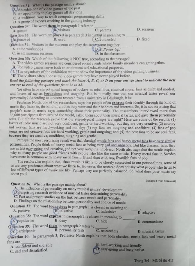 Đáp án đề thi môn Tiếng Anh mã đề 411 - Tốt nghiệp THPT 2024,Đề thi môn Tiếng Anh mã đề 411 - Tốt nghiệp THPT 2024,Đề thi môn Tiếng Anh Tốt nghiệp THPT 2024