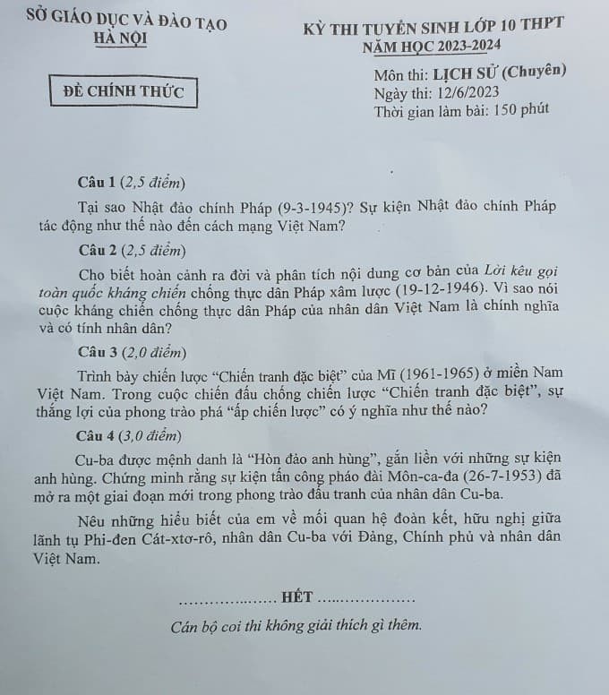 Đề thi vào 10 chuyên Sử Sở GDĐT Hà Nội năm 2023,Đề thi vào 10 chuyên Sử Sở GDĐT Hà Nội,Đề thi vào 10 chuyên Sử,Đề thi vào 10